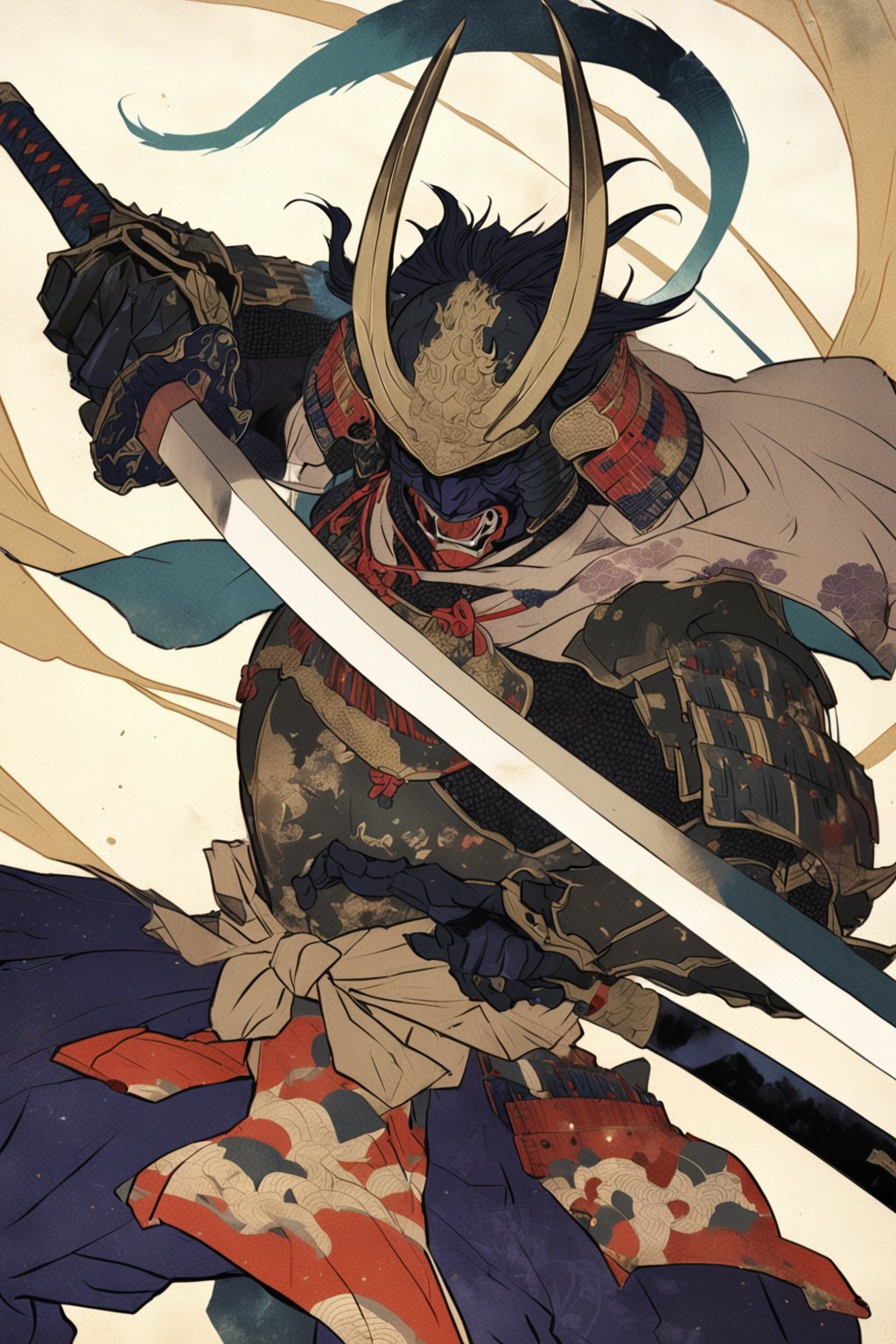 kabuki, battle stance, fighting stance, weapon, armor, sword, helmet, holding weapon, holding, holding sword, japanese armor, shoulder armor, katana, cape, kabuto (helmet), male focus, samurai, pauldrons, horns, full armor,  japanese clothes, masterpiece, best quality, aesthetic, ukiyo-e background, 