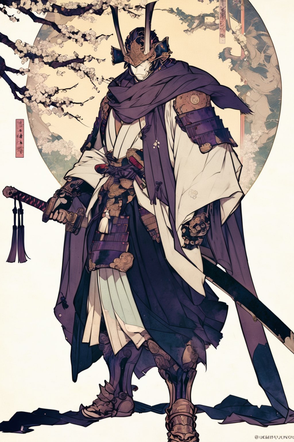 kabuki, weapon, sword, holding, armor, katana, helmet, holding sword, holding weapon, standing, 1boy, solo, japanese clothes, samurai, japanese armor, male focus, tassel, hakama, full body, sheath, scarf, greaves, horns, ambiguous gender, masterpiece, best quality, aesthetic, ukiyo-e background,