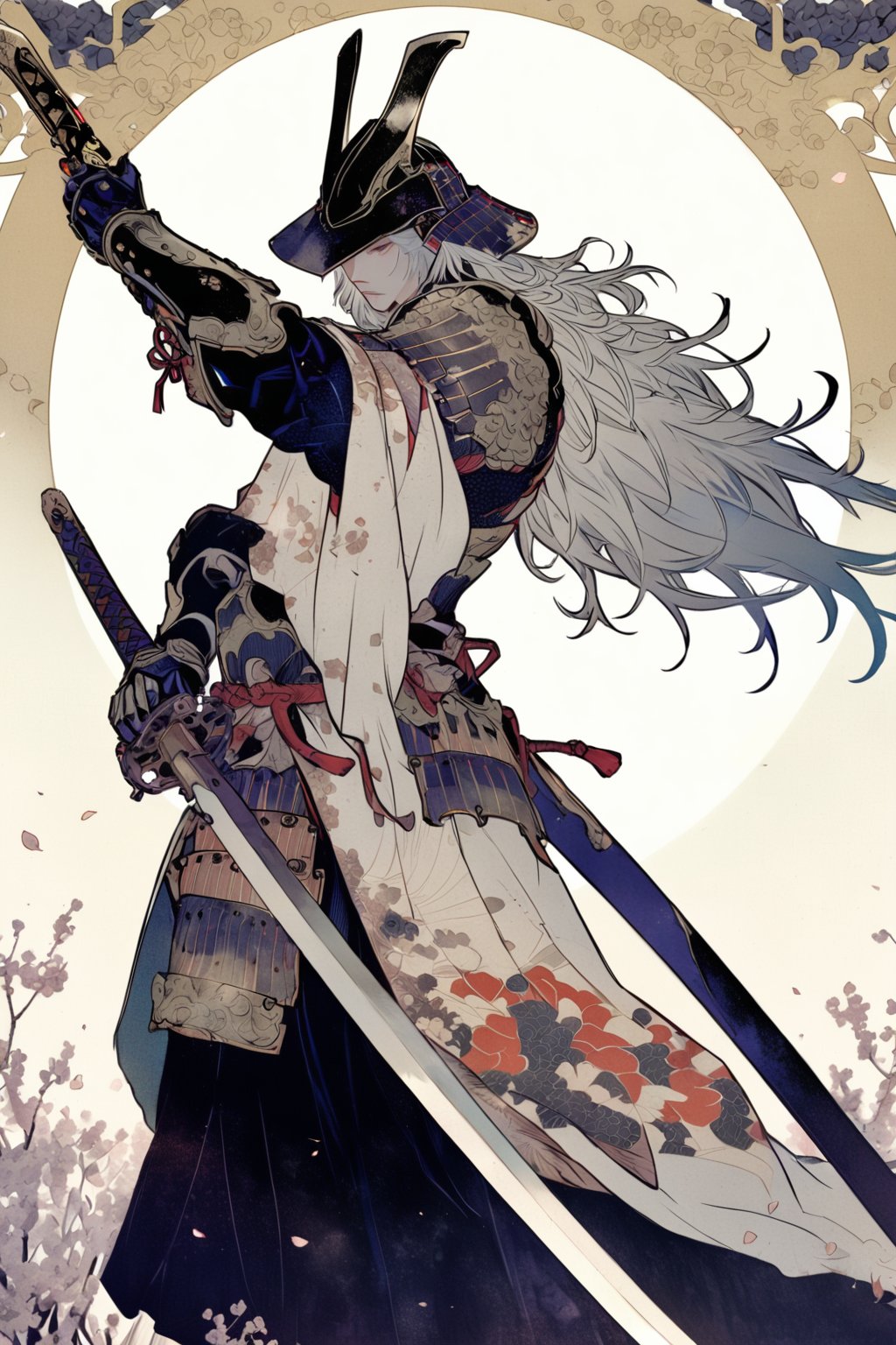 kabuki, weapon, sword, armor, long hair, solo, 1boy, holding, male focus, holding sword, japanese armor, holding weapon, shoulder armor, sheath, katana, standing, helmet, samurai, white background, tassel, flower, closed mouth, white hair, japanese clothes, masterpiece, best quality, aesthetic, ukiyo-e background,