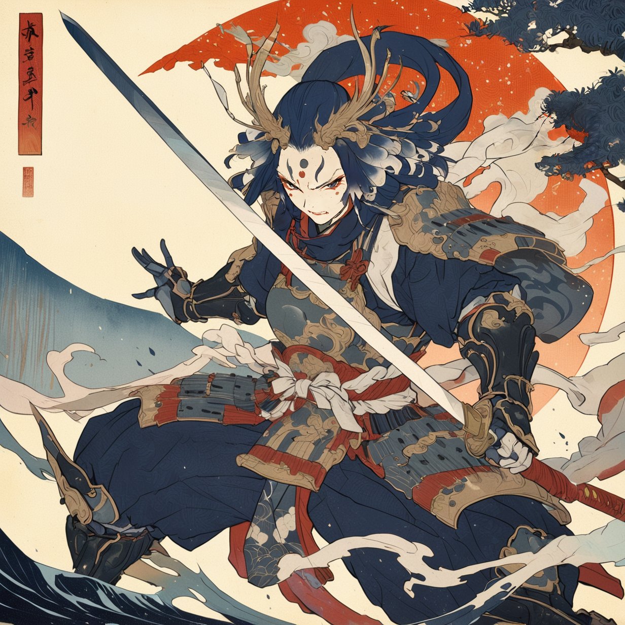 1girl, kabuki, battle stance, armor, holding sword, masterpiece, best quality, aesthetic, ukiyo-e background,