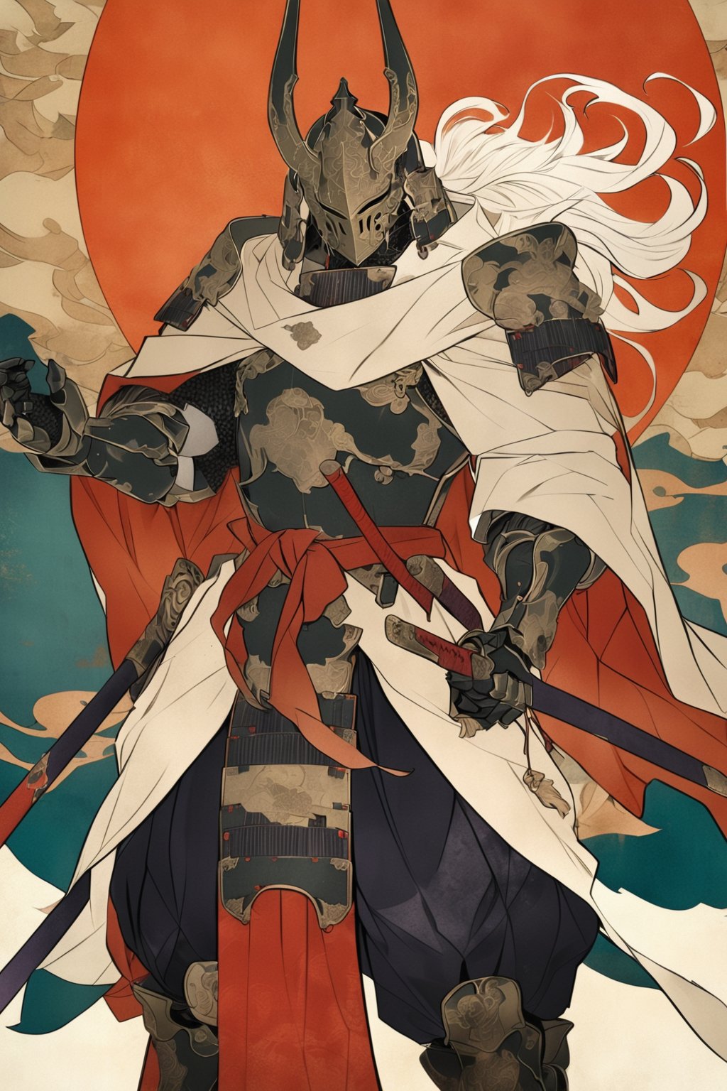 kabuki, knight, armor, weapon, sword, helmet, holding, holding weapon, holding sword, solo, sheath, cape, long hair, katana, 1boy, shoulder armor, full armor, male focus, gauntlets, horns, standing, japanese armor, pauldrons, sheathed, faulds, facing viewer, sash, greaves, breastplate, white hair, scabbard, red cape, fake horns, breastplate, masterpiece, best quality, aesthetic, ukiyo-e background,
