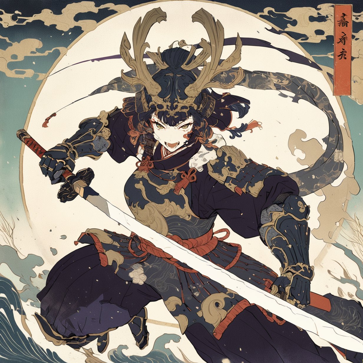 1girl, battle stance, armor, holding sword, masterpiece, best quality, aesthetic, ukiyo-e background,