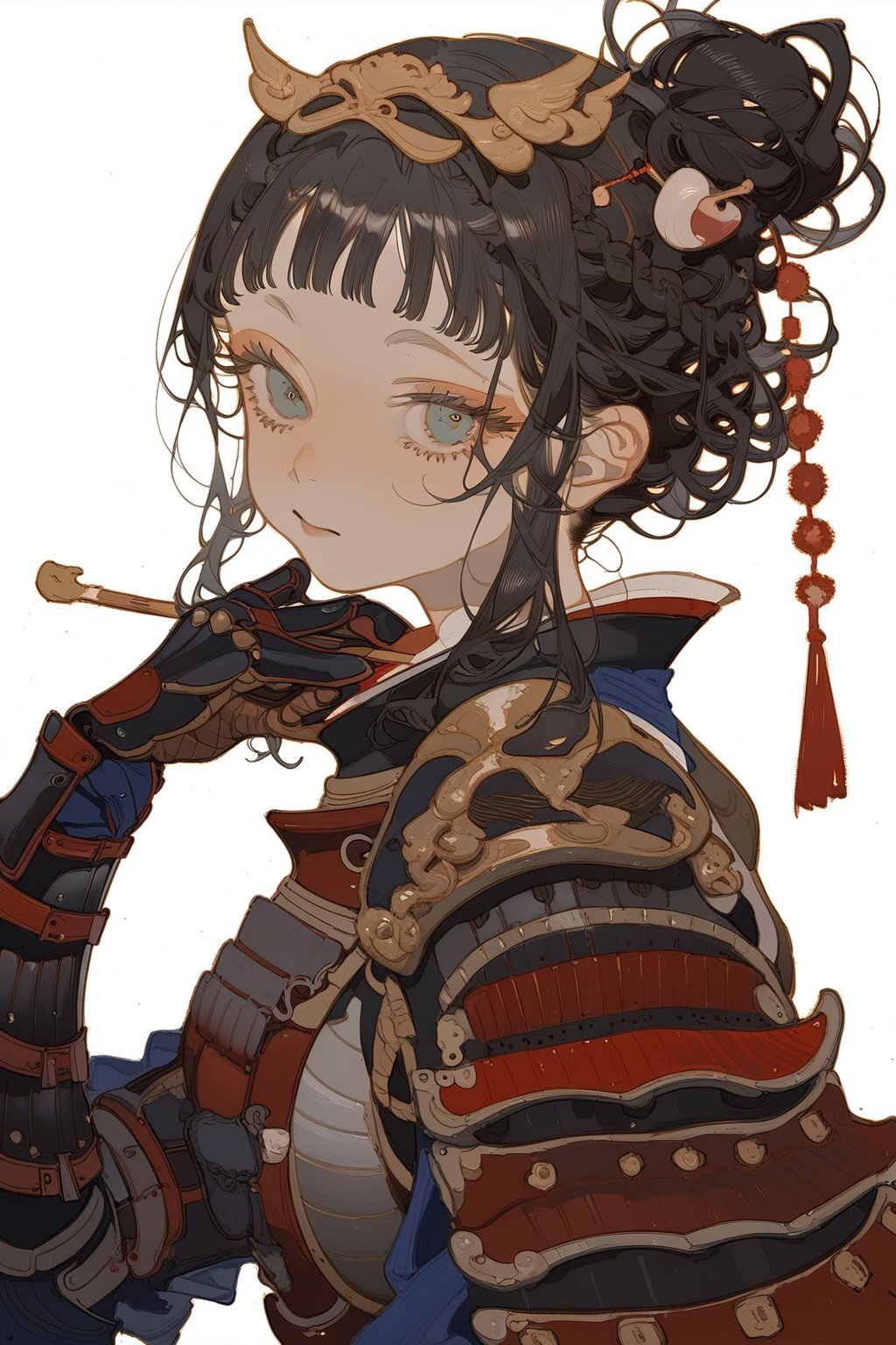 warrior, 1girl, solo, armor, white background, black hair, looking at viewer, simple background, blue eyes, japanese armor, upper body, hair ornament, shoulder armor, closed mouth, from side, braid, gloves, hair bun, hand up, hair stick, blunt bangs, updo, 
masterpiece, best quality, aesthetic,