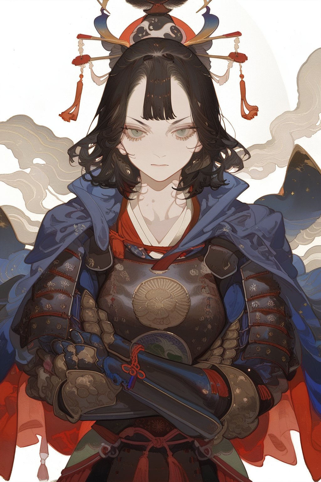 warrior, 1girl, solo, armor, looking at viewer, white background, simple background, cape, black hair, crossed arms, closed mouth, japanese armor, upper body, shoulder armor, medium hair, chinese clothes, collarbone, tassel, gauntlets, brown hair, 
masterpiece, best quality, aesthetic,