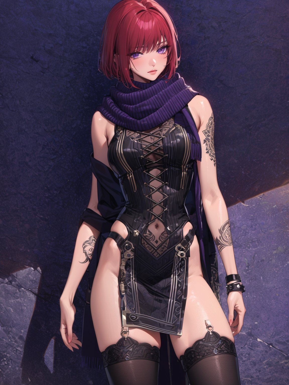 //Character, solo,NelZelpher_SO3, 1girl, purple eyes, short hair, red hair, tattoo,
//Fashion, black thighhighs, scarf, 
//Background, simple background, 
//Quality, (masterpiece), best quality, ultra-high resolution, ultra-high definition, highres, intricate, intricate details, absurdres, highly detailed, finely detailed, ultra-detailed, ultra-high texture quality, natural lighting, natural shadow, dramatic shading, dramatic lighting, vivid colour, perfect anatomy, 
//Others, 