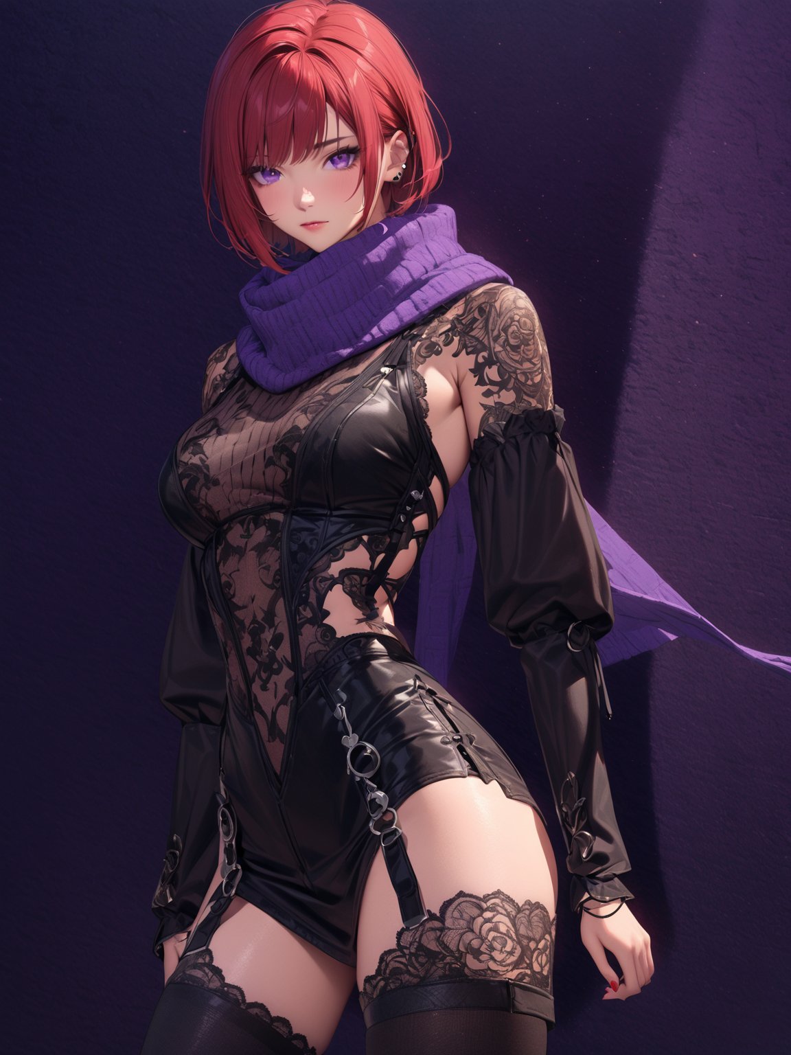 //Character, solo,NelZelpher_SO3, 1girl, purple eyes, short hair, red hair, tattoo,
//Fashion, black thighhighs, scarf, 
//Background, simple background, 
//Quality, (masterpiece), best quality, ultra-high resolution, ultra-high definition, highres, intricate, intricate details, absurdres, highly detailed, finely detailed, ultra-detailed, ultra-high texture quality, natural lighting, natural shadow, dramatic shading, dramatic lighting, vivid colour, perfect anatomy, 
//Others, 