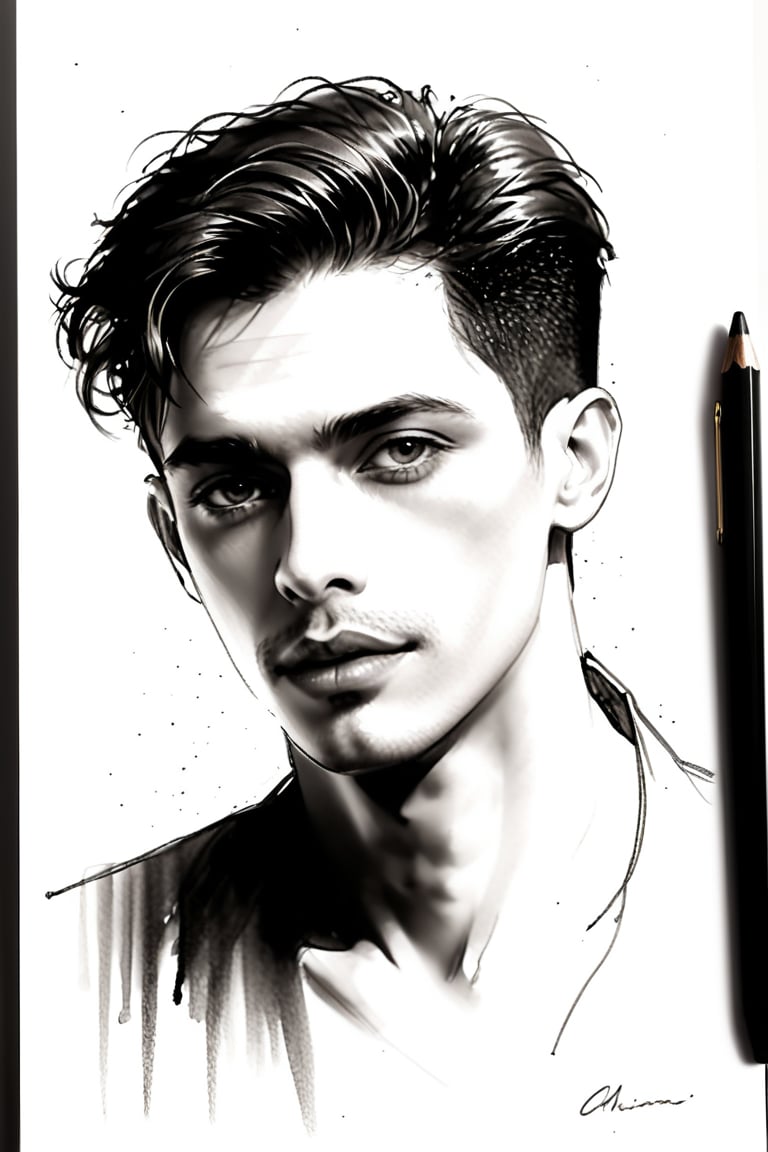 pencil Sketch of a masculineman 30 years old, dark short hair,  alluring, portrait by Charles Miano, ink drawing, illustrative art, soft lighting, detailed, more Flowing rhythm, gentleman, low contrast, add soft blur with thin line,  black eyes,wongapril,more detail XL