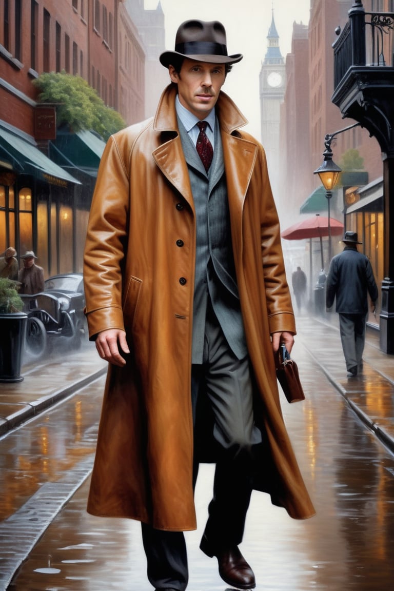 long leather rain coat, seems like sherlock holmes, Intricate, High Detail, dramatic, photorealistic painting art by midjourney and greg rutkowski,wongapril
