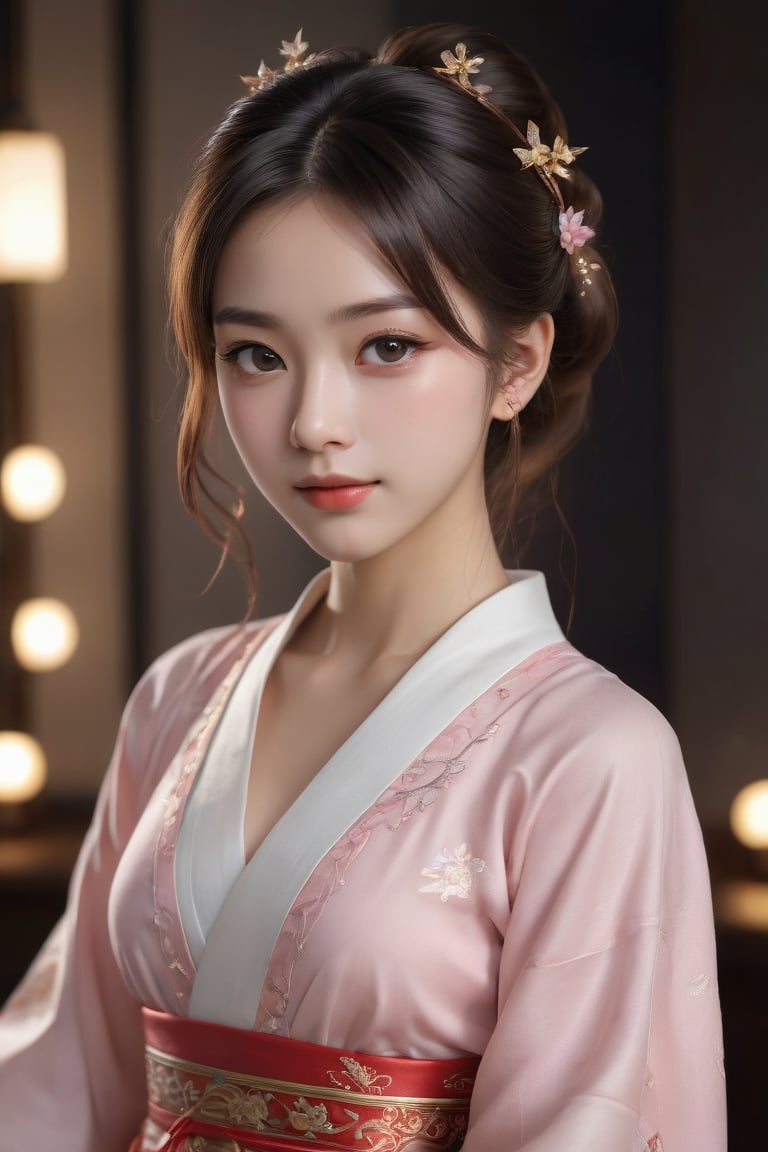 best quality, masterpiece, highres, 1girl,blush,(seductive smile:0.8),star-shaped pupils,china hanfu,hair ornament,necklace, jewelry,Beautiful face,upon_body, tyndall effect,photorealistic, dark studio, rim lighting, two tone lighting,(high detailed skin:1.2), 8k uhd, dslr, soft lighting, high quality, volumetric lighting, candid, Photograph, high resolution, 4k, 8k, Bokeh