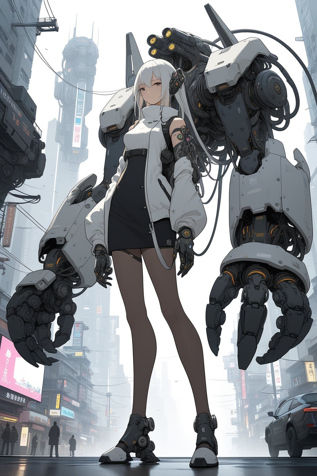 gigantic mechanical arms, 1girl, cyberpunk, science fiction, city, cowboy shot, 
masterpiece, best quality, aesthetic, 