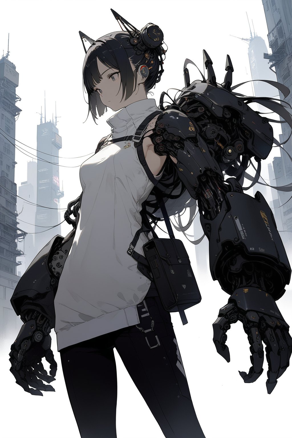 large mechanical arms, 1girl, cyberpunk, science fiction, city, cowboy shot, 
masterpiece, best quality, aesthetic, 