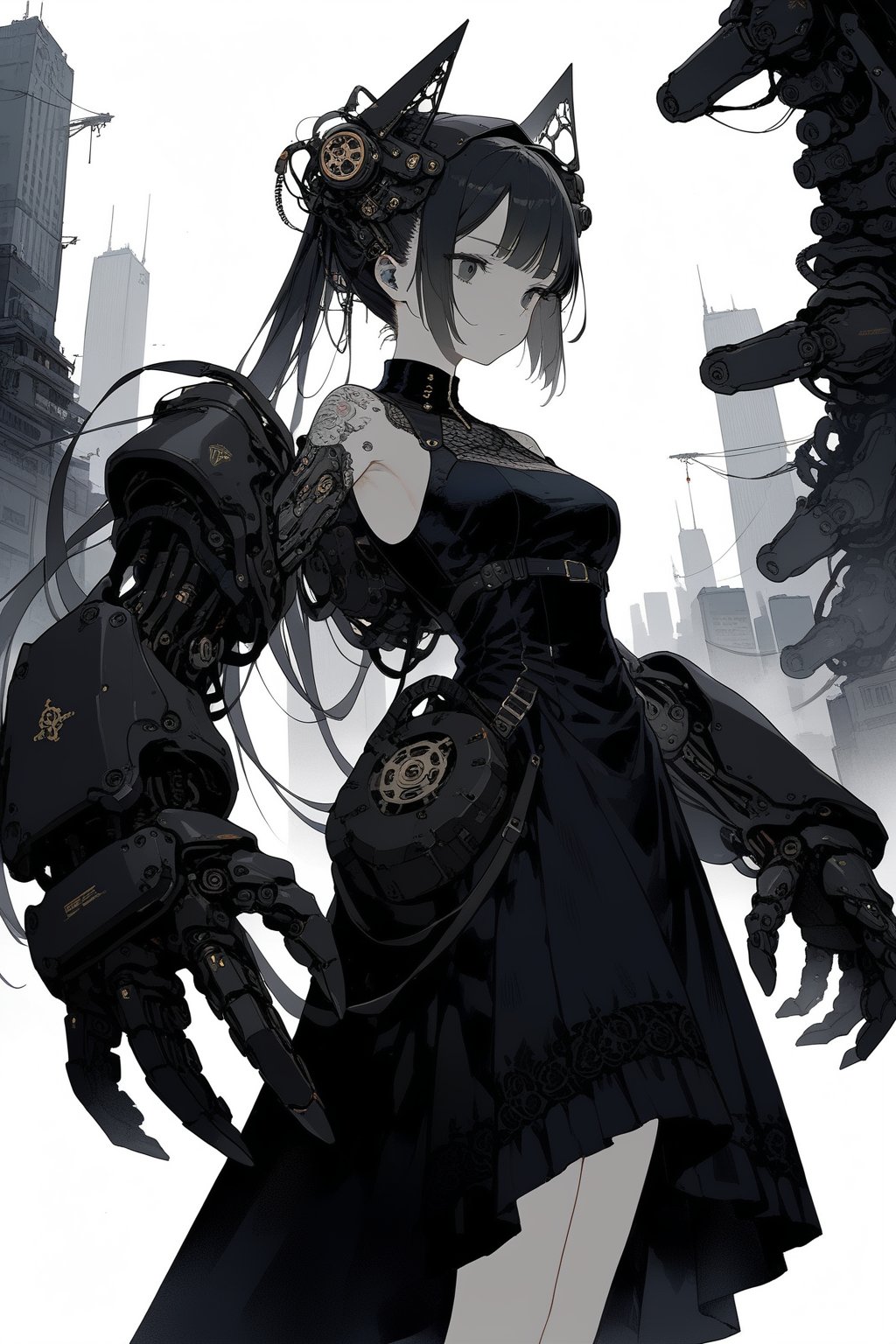 large mechanical arms, mechanical girl, solo, cyberpunk, science fiction, city, cowboy shot, dark theme, gothic dress,
masterpiece, best quality, aesthetic, , mechanical arms