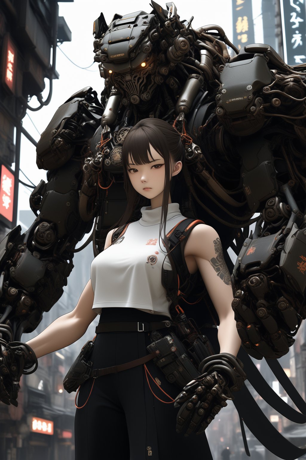 large mechanical arms, 1girl, samurai, cyberpunk, science fiction, city, upper body, (large arms:1.4),
masterpiece, best quality, aesthetic,