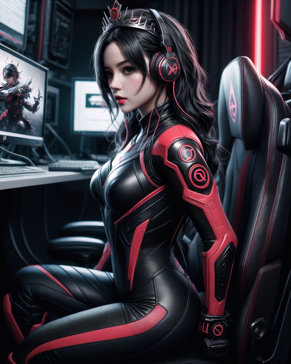 photohyperrealistic, half_body, side low angle shot, looking at viewer, a beautiful girl, black hair, wearing tiara headphone with ''Q'' sign, red and black futuristic obsidian ninja queen suit, obsidian boots, in style of alberto seveso art, neon, dinamic pose, sitting on gaming chair in front of pc, highly detailed, hyper realistic, with dramatic polarizing filter, vivid colors, sharp focus, 64K, remarkable color,1 girl