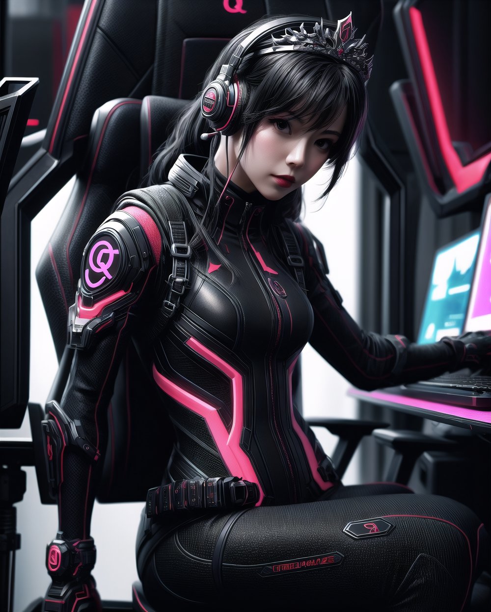 photohyperrealistic, half_body, side low angle shot, looking at viewer, a beautiful girl, black hair, wearing tiara headphone with ''Q'' sign, black red futuristic obsidian ninja queen suit, obsidian boots, in style of alberto seveso art, neon, dinamic pose, sitting on gaming chair in front of pc, highly detailed, hyper realistic, with dramatic polarizing filter, vivid colors, sharp focus, 64K, remarkable color,1 girl