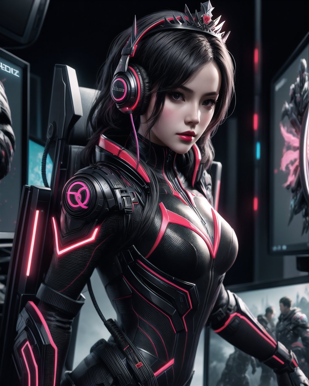 photohyperrealistic, half_body, side low angle shot, looking at viewer, a beautiful girl, black hair, wearing tiara headphone with ''Q'' sign, red and black futuristic obsidian ninja queen suit, obsidian boots, in style of alberto seveso art, neon, dinamic pose, (((gaming screen at background))), highly detailed, hyper realistic, with dramatic polarizing filter, vivid colors, sharp focus, 64K, remarkable color,1 girl