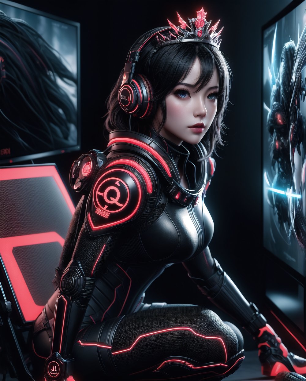 photohyperrealistic, half_body, side low angle shot, looking at viewer, a beautiful girl, black hair, wearing tiara headphone with ''Q'' sign, red and black futuristic obsidian ninja queen suit, obsidian boots, in style of alberto seveso art, neon, dinamic pose, (((big gaming screen at background))), highly detailed, hyper realistic, with dramatic polarizing filter, vivid colors, sharp focus, 64K, remarkable color,1 girl, detailed eyes,  