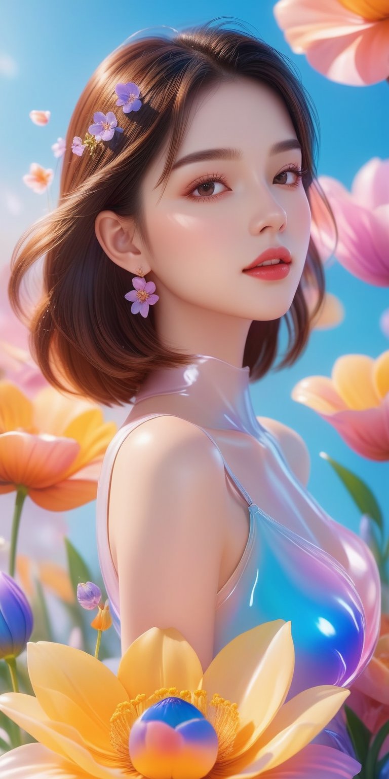 1girl beauty is standing on the flower,the facial details are perfect,and the character details are exquisite,trendy fashion clothes,trendy portraits,bright colors,clean background,3D cartoon style rendering,Panoramic view,large aperture,pop Mart production,delicate gloss,8K gradient translucent glass melt,frosted glass