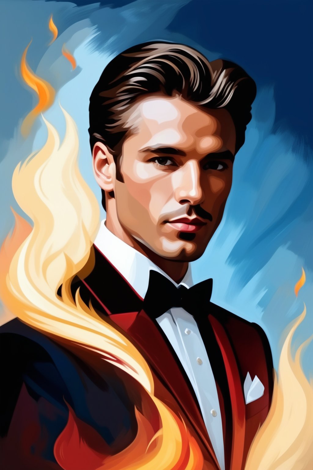 A person in a suit with a head half made of flame, vector art illustration, surrealism inspired, soft gradients, digital painting, soft lighting, minimalistic background, elegant and modern style.