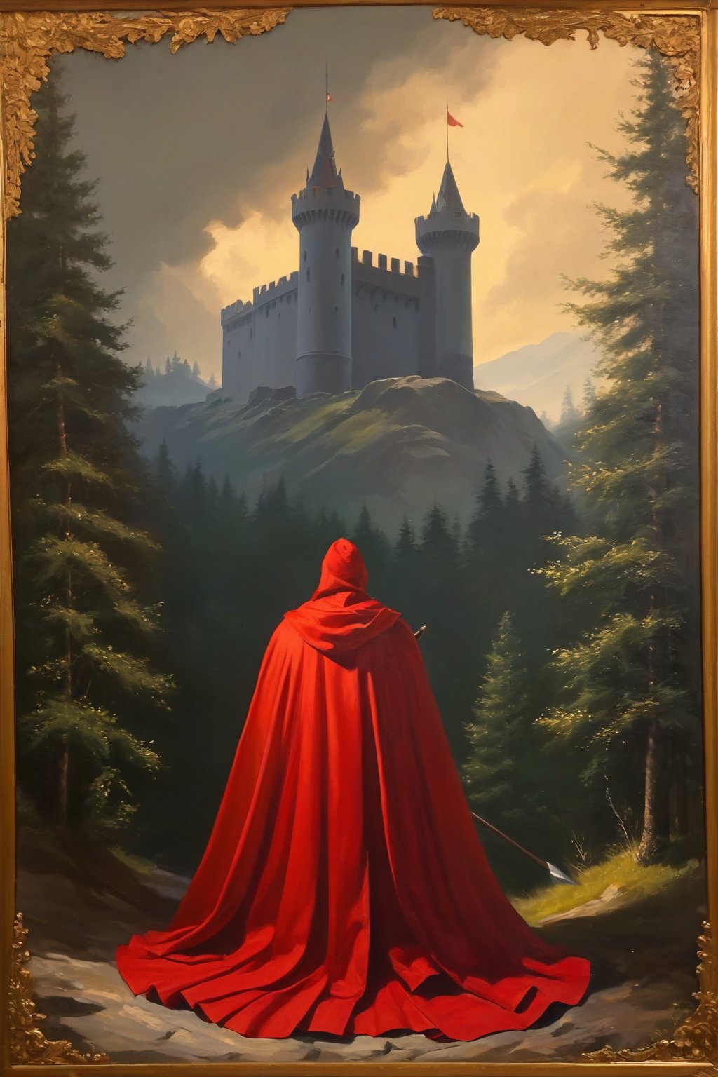 Low angle of Vlad Tepes standing at The Hades, wind, hieratic, black and red robes, red castle in background, no beard, onlu mustache, top light, masterful painting in the style of Anders Zorn | Marco Mazzoni | Yuri Ivanovich, Todd McFarlane, oil on canvas, by Chris Perna, bodies impaled in background,bodies impaled on stakes, stakes, holding spear in hand,, forest of wooden stakes in background