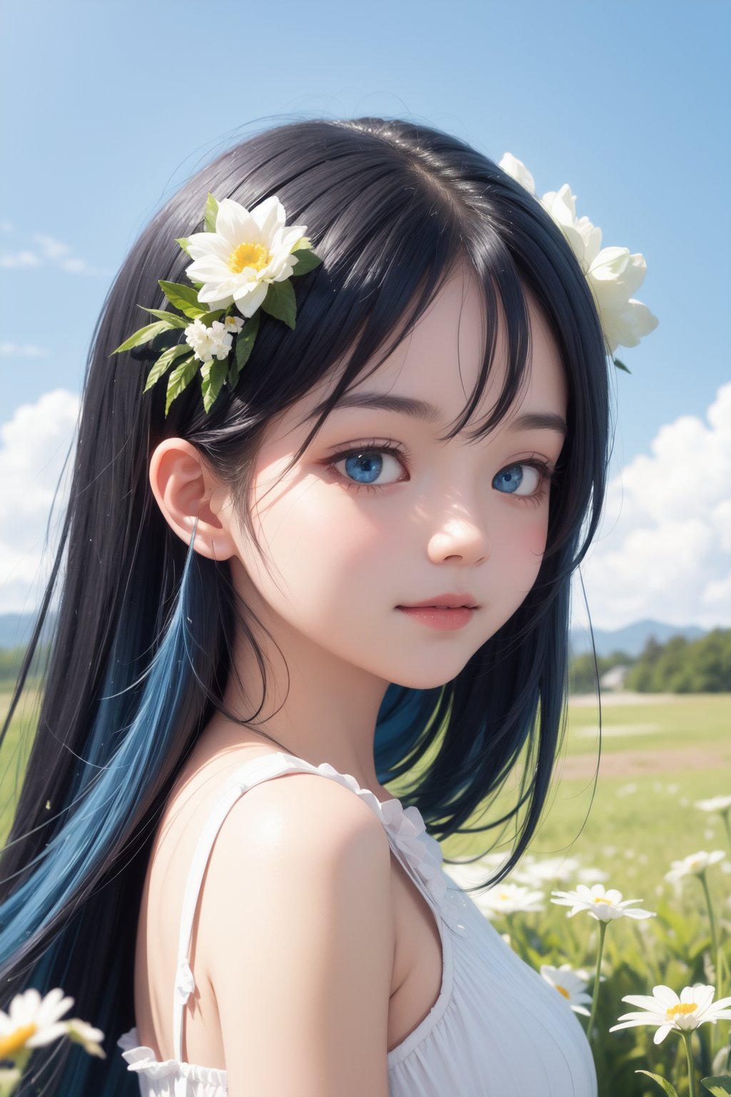 masterpiece, best quality, 1girl, looking at viewer, grass, flowers, upper body, blue hair, soft smile, blue sky, long hair, blue eyes, dynamic angle