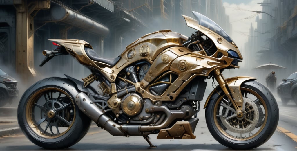 Ducati , scifi, luxurious,  cyberpunk, bike on a highway ,luxtech, luxurious,mecha,gold_trim and flat black, cyberpunk, photorealistic,mecha musume,MECHA