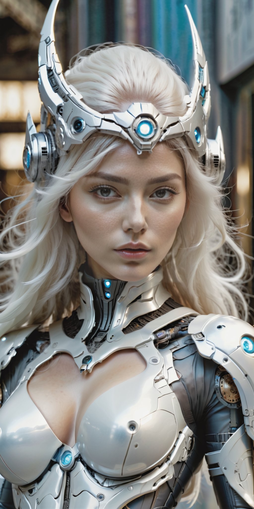 Best picture quality, high resolution, 8k, realistic, sharp focus, realistic image of elegant lady, Korean beauty, supermodel, pure white hair, blue eyes, wearing high-tech cyberpunk style blue Batgirl suit, radiant Glow, sparkling suit, mecha, perfectly customized high-tech suit, ice theme, custom design, 1 girl,mecha, boobs out, breast out, 