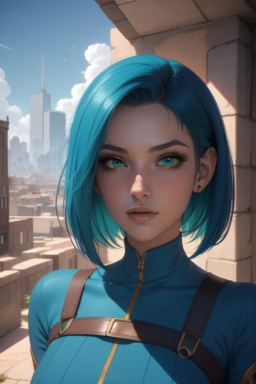Rease is a beautiful 20-year-old woman. aqua_blue hair. very short haircut. green eyes. ((Detailed Face)), She has an athletic build. big brests, she wears a blue and black dress. in the background the city in the distance, the blue sky. Interactive image. Highly detailed. 1girl, Rease, sciamano240, Fantasy Style Background,