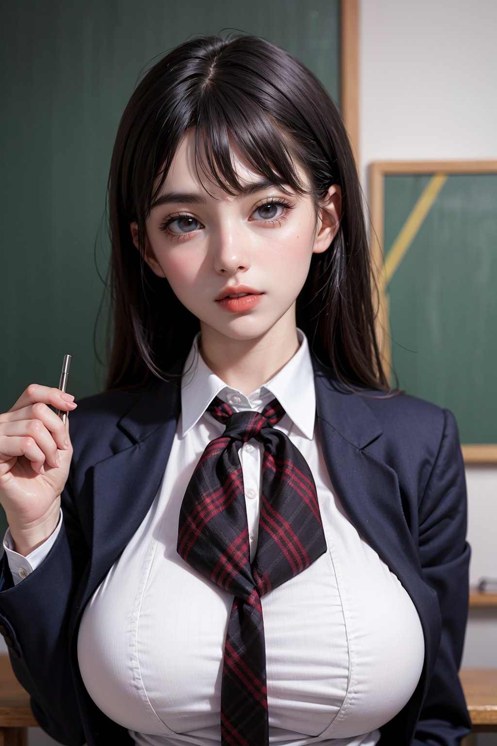 1girl, huge breasts, school_uniform, upper body