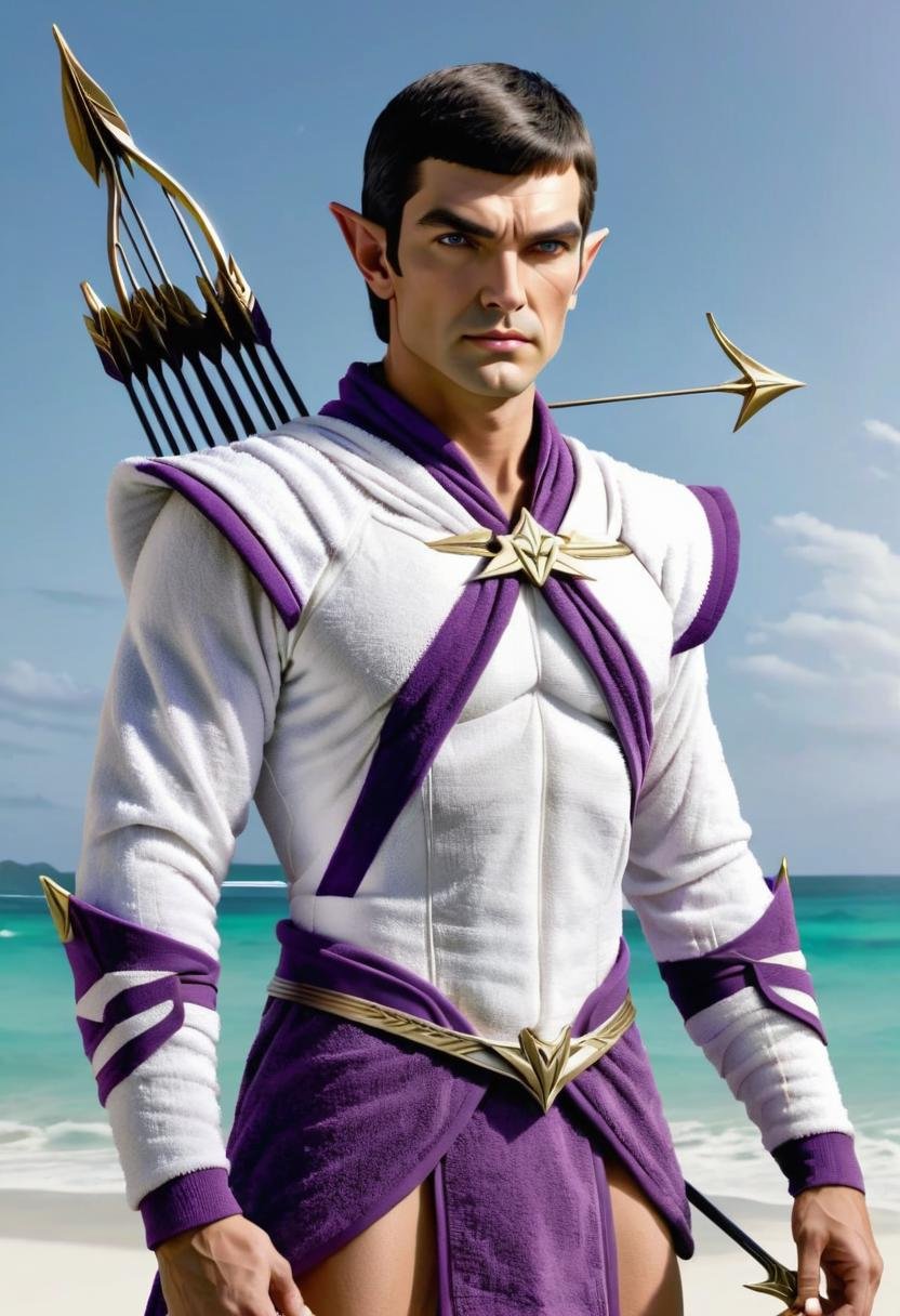 DonMT0w31XL towel, male romulan, , bow and arrow, purple <lora:DonMT0w31XL-000010:1>