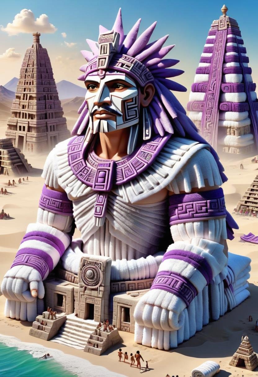 DonMT0w31XL towel, quinametzin, Giant being from Aztec mythology, ancient and powerful,  incredible size and strength, builders of ancient structures,  origin of civilizations, autonomous,skyscrapers,pastoral,lovable,beaches,serenity,crowded , purple <lora:DonMT0w31XL-000010:1>