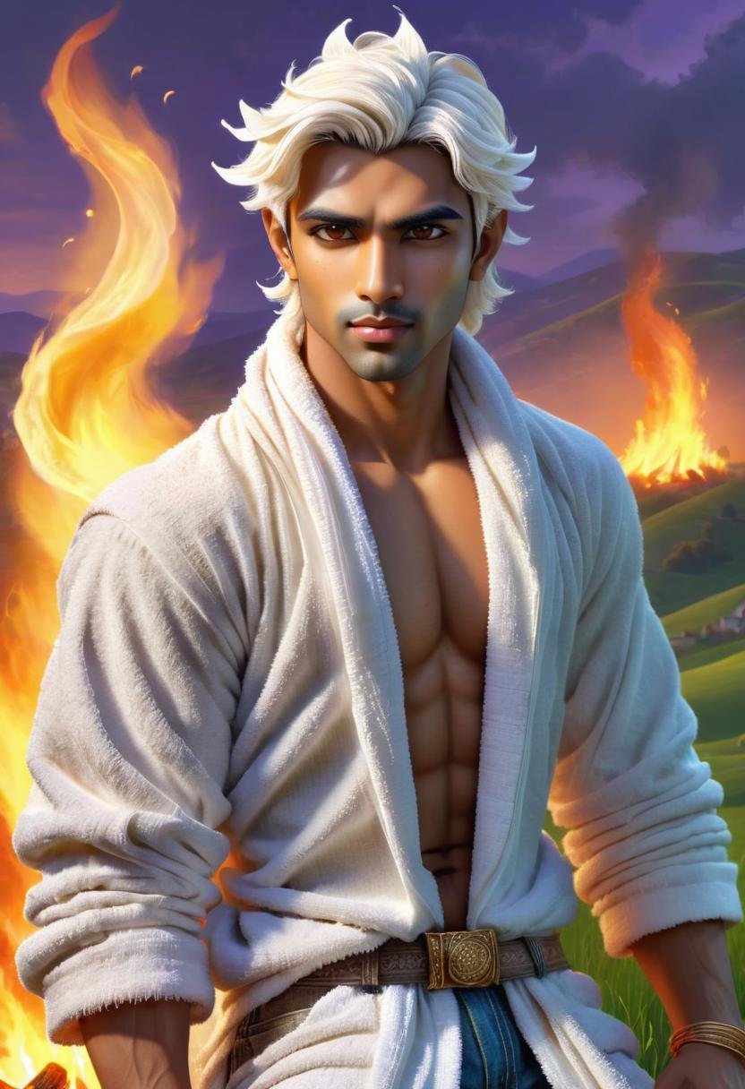 DonMT0w31XL towel, male early twenties sturdy, south asian, honey eyes, unique ears,  pointed chin with cleft,   prominent forehead,  delicate hands,  , platinum blonde wavy hair hair, worry wearing barkcloth skinny jeans,     , leg cross, crossing one leg over the other, evoking a sense of elegance and intrigue, firelight, the flickering glow of a fireplace, bringing intimacy and warmth to the setting, a picturesque countryside, with rolling hills, green meadows, and grazing animals, purple <lora:DonMT0w31XL-000010:1>