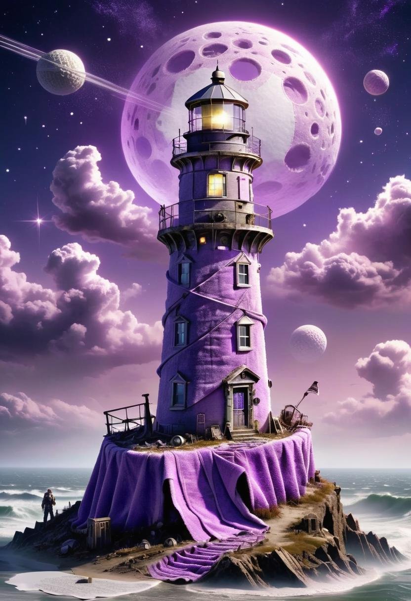 DonMT0w31XL towel,  post-apocalyptic wasteland astronomer,lighthouse,summit view, purple <lora:DonMT0w31XL-000010:1>