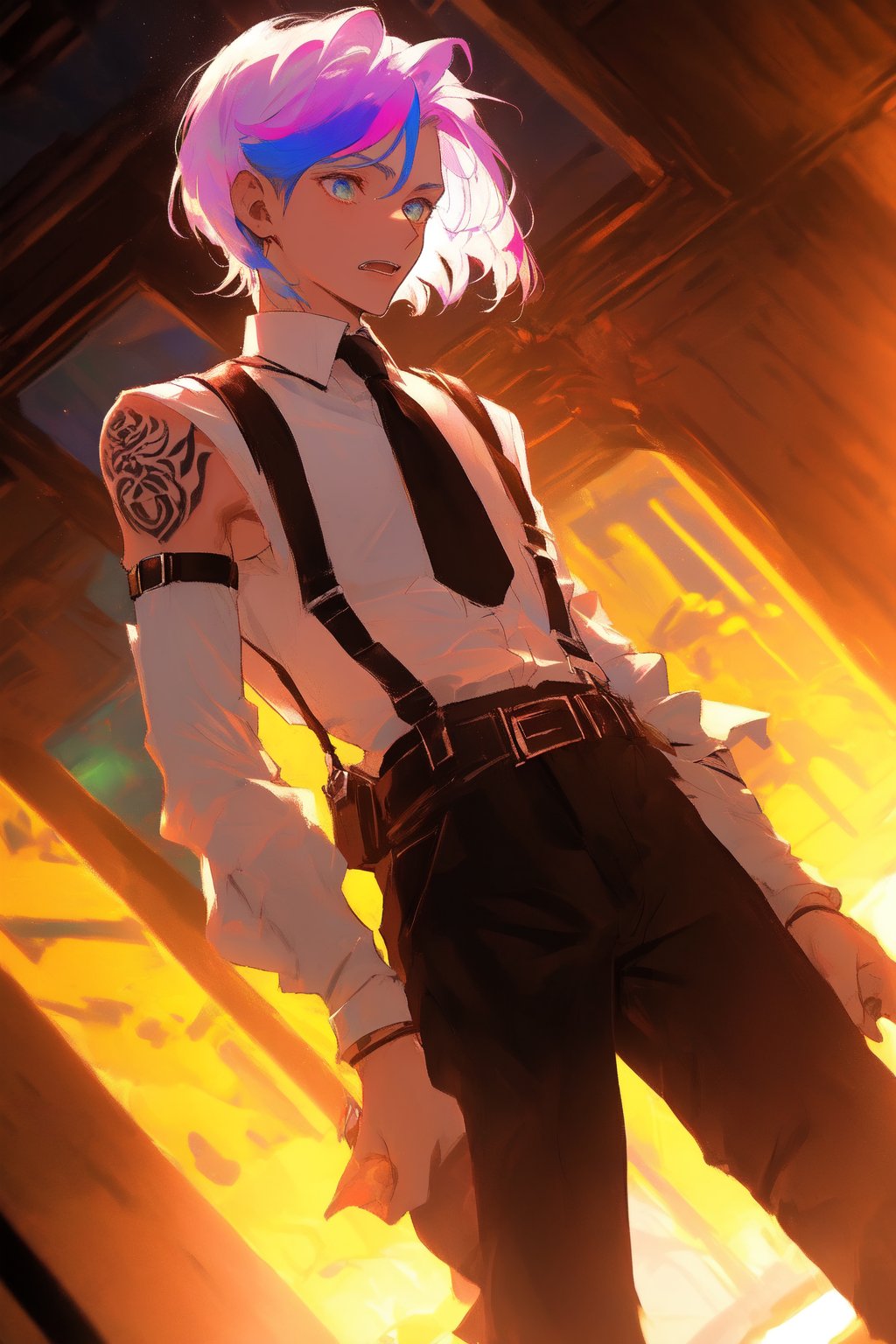 1_man, masculine, pale_skin, sharp_features, sharp_jawline, thin_nose, (perfect), light_particles, white_shirt, sleevless_shirt, black_tie, belt, collared_shirt, (sleeveless), shoulder_holster, shirt_tucked_in, suspenders, leather_harness, white_pants, high_heels, blue_tatoos, triangular_tatoos, glowing_tatoos, multicoloured_hairy, shiny_hair, bangs, shaved_sides, middle_parting, short_hair, white_hair, tatoos_under_eyes, leather_harness, harness, rainbow_hair, jojo_no_kimyou_na_bouken, jojo pose, menacing (jojo), cowboy shot, Dutch angle, perfect anatomy, perfect proportions, best quality, masterpiece, high_resolution, dutch angle, cowboy shot, photo background, perfect hands, perfect fingers, intricate details, bowie_wagner