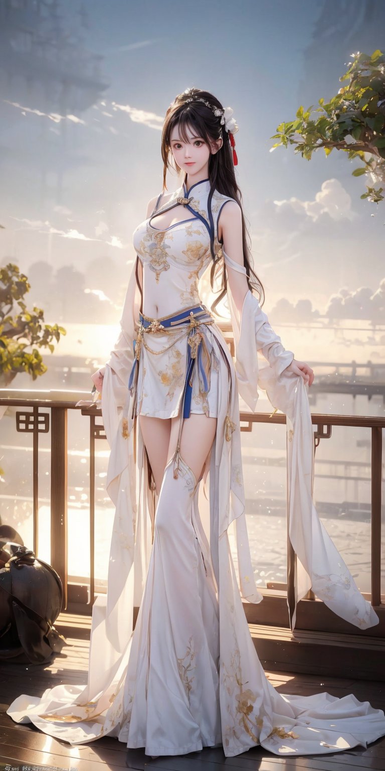 A Chinese beauty in her twenties, with long flowing hair, a good figure, and plump breasts. Wearing only a translucent white gauze skirt, her clothes were soaked and clinging softly to her body. She was dancing a sword with a graceful posture. . The background is the sunset, realistic, detailed, real person, movie special effects, 16K picture quality, ancient_beautiful