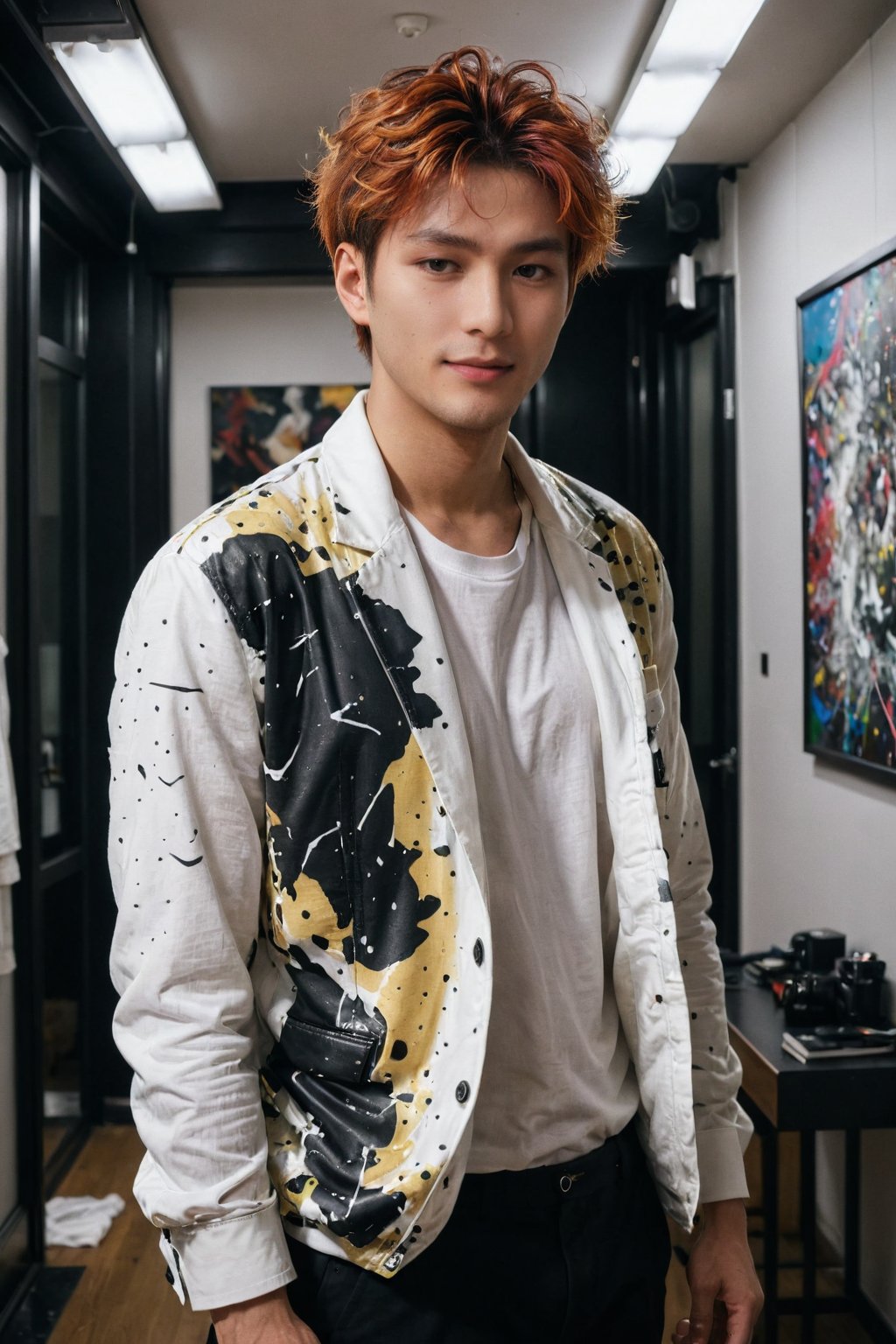 Hasselblad photo portrait of a handsome and mysterious Tokyo young male model, wearing urban clothes inspired by Jackson Pollock, creating the most incredible 2018 fashion look possible. The setting is a clear house with colorful paintings, an astonishing lighting ambiance. The man is standing with an intense look, short haircut, with lots of 12k contrast, many original details. The scene is epic, artistic, with light skin and detailed features. He is facing away from the camera, looking back with a big smile, using a Givenchy 100mm portrait lens. The lighting is golden and professionally captured by a natural light photographer.,hubgman