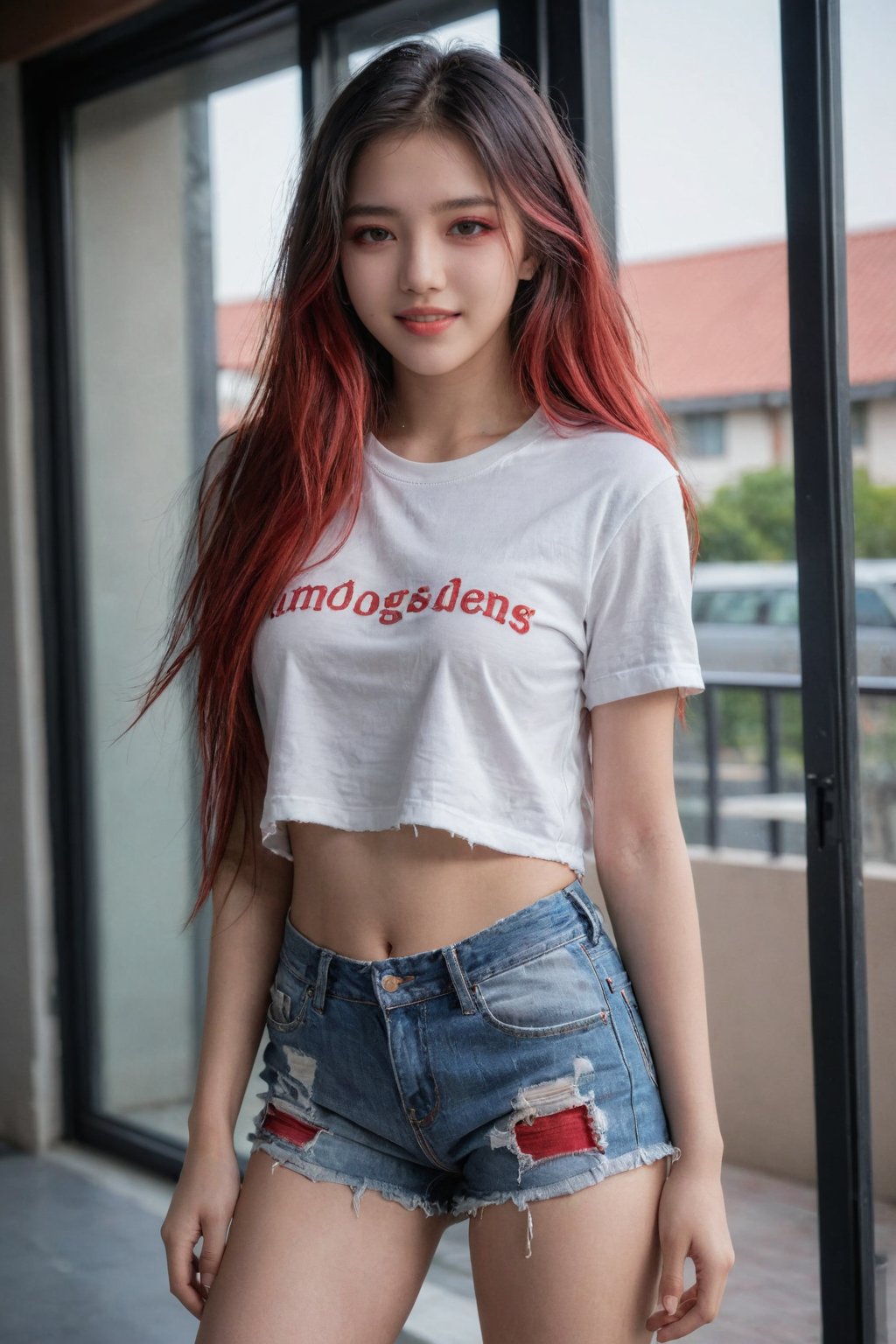  portrait of a beautiful 21yo girl, hubggirl, seductive, shadow,full body:1.8,1girl has multicolored long hair and beautiful detailed red eyes, She's winking and smile at the camera. It's ambiguous,
Ripped denim shorts, white sneakers, full hips,
full body portrait,best quality, masterpiece, high res, absurd res,perfect lighting, vibrant colors, intricate details,high detailed skin, 