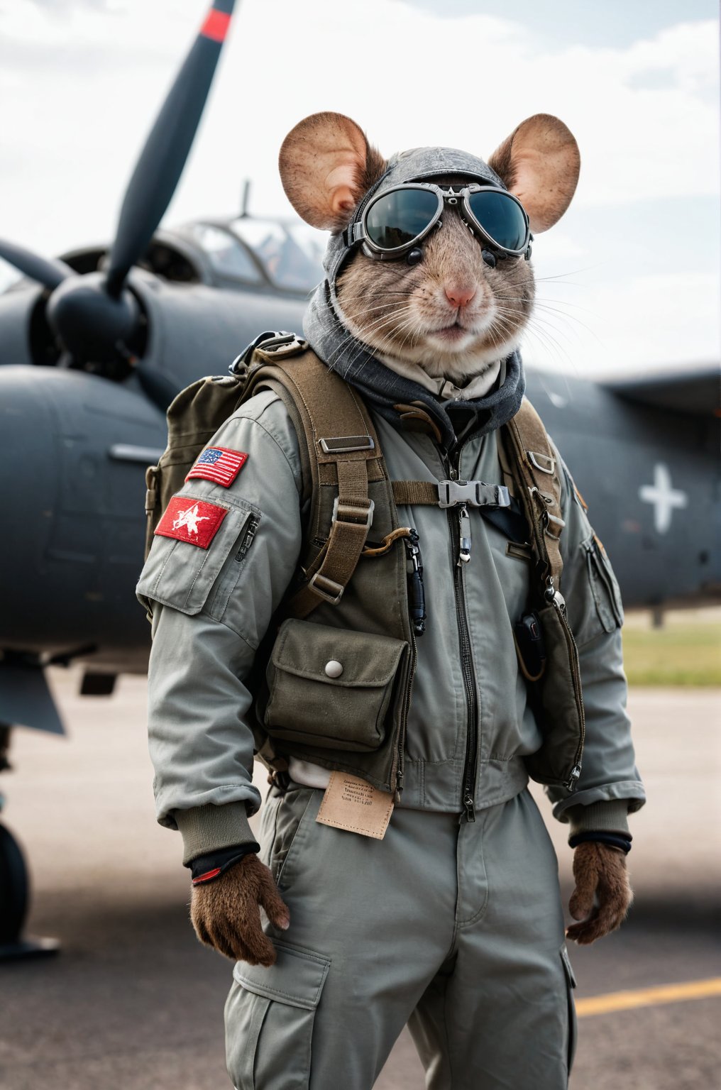 (masterpiece:1.4), professional photograhy, a small gray mouse, stands on two legs
BRAKE
military pilot's jacket
BRAKE
  pilot scarf,
BRAKE
pilot goggles
BRRAKE
bomber as background
BRAKE
upper body shot, (cienematic light:1.3), shot on Lumix GH5 
(cinematic bokeh, dynamic range, vibrant colors)
