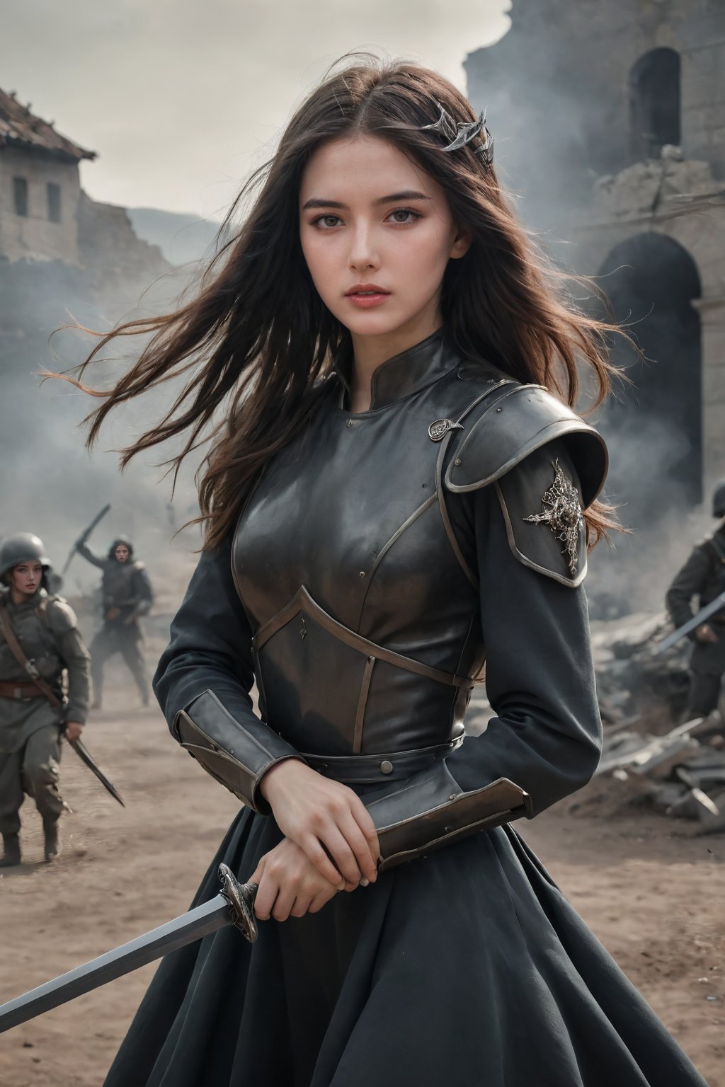 (Surrealist photo) created a woman in war dress, her hair color is dark, her hair is loose and moving, her face is beautiful, she has a sword in her hand (hands are not wrong) She is in motion, 