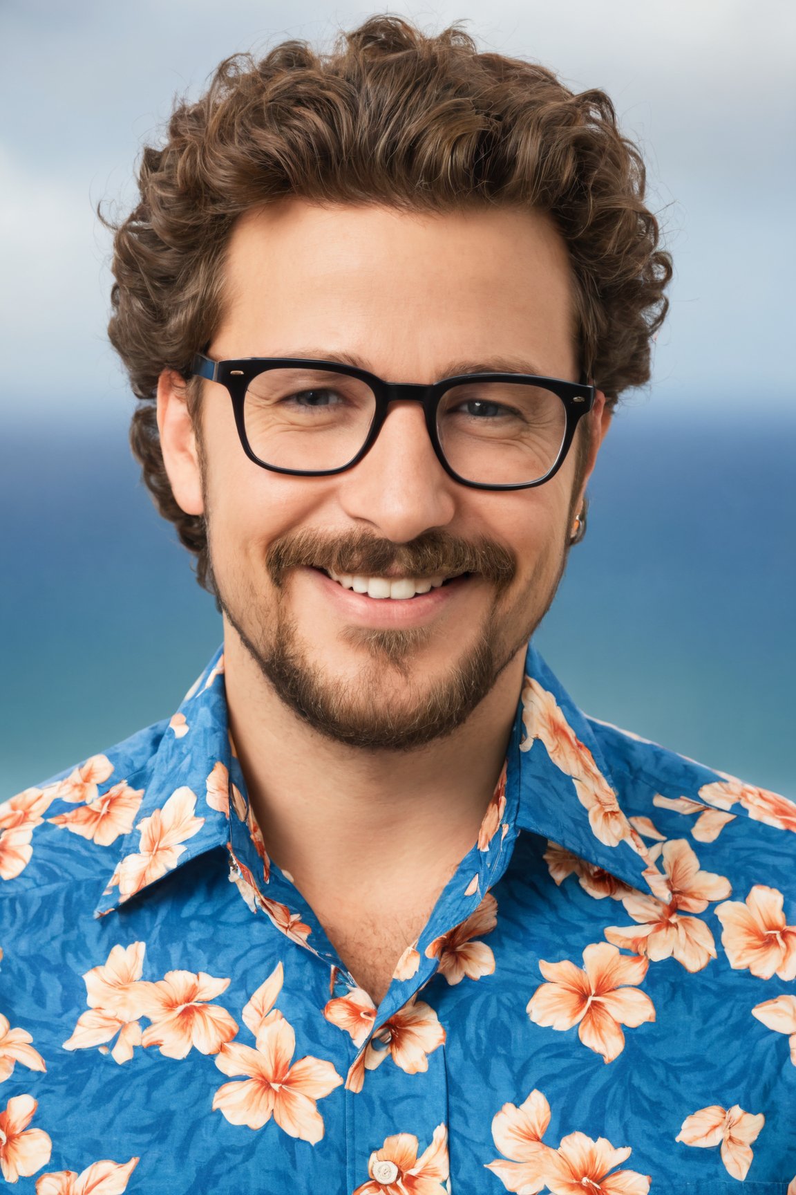 (best quality, 4k, 8k, highres, masterpiece:1.2), ultra-detailed, (realistic, photorealistic, photo-realistic:1.37),man, looking at viewer,smile,brown hair,shirt,upper body,glasses,collared shirt,lips,blue shirt,beard,black-framed eyewear,curly hair,realistic,mustache,print shirt,hawaiian shirt