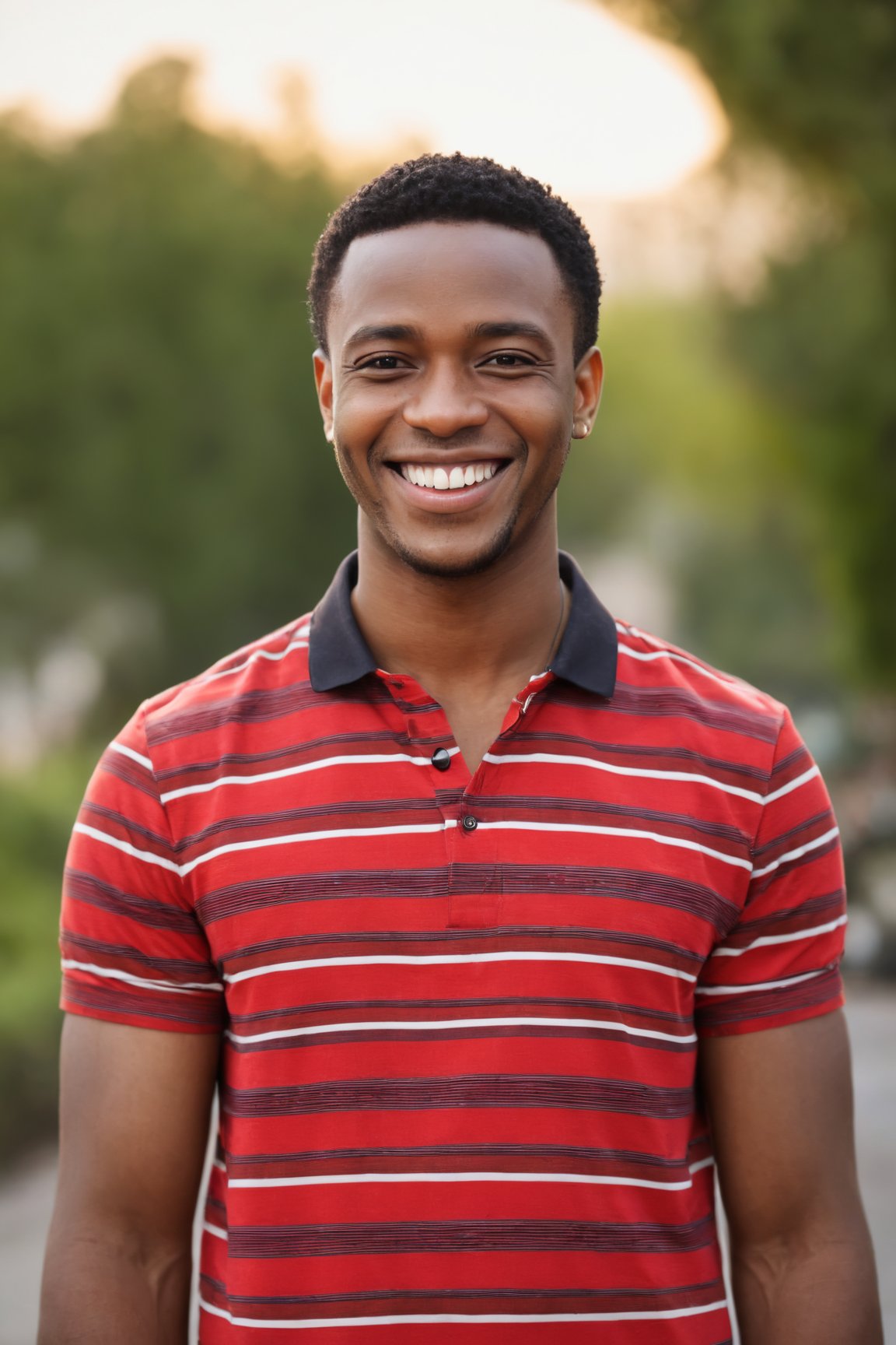 (best quality, 4k, 8k, highres, masterpiece:1.2), ultra-detailed, (realistic, photorealistic, photo-realistic:1.37),man, smile,short hair,shirt,black hair,jewelry,upper body,short sleeves,outdoors,striped,dark skin,blurry background,dark-skinned male,red shirt,striped shirt,realistic