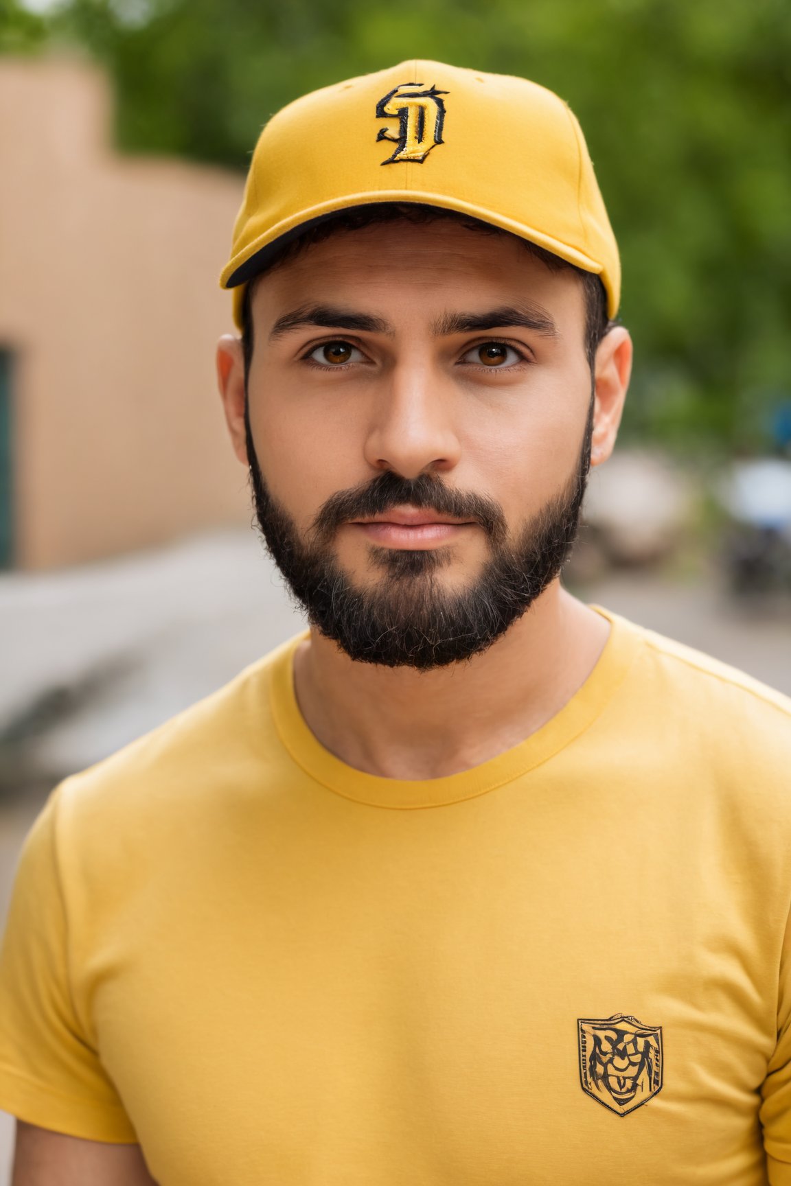 (best quality, 4k, 8k, highres, masterpiece:1.2), ultra-detailed, (realistic, photorealistic, photo-realistic:1.37),man, looking at viewer,shirt,hat,brown eyes,upper body,blurry background,t-shirt,baseball cap,beard,yellow shirt,realistic