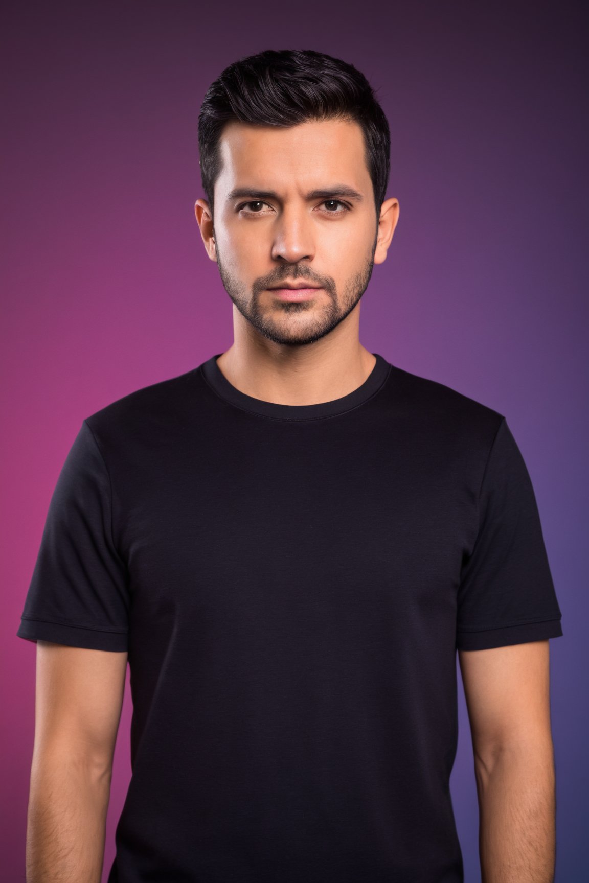 (best quality, 4k, 8k, highres, masterpiece:1.2), ultra-detailed, (realistic, photorealistic, photo-realistic:1.37),man, looking at viewer,short hair,shirt,black hair,gradient,black shirt,portrait,neon gradient background