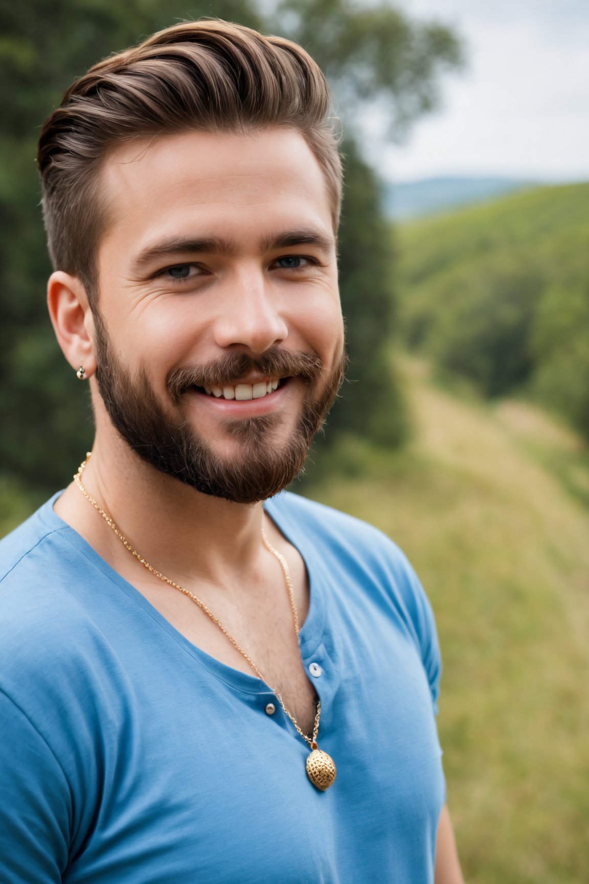 (best quality, 4k, 8k, highres, masterpiece:1.2), ultra-detailed, (realistic, photorealistic, photo-realistic:1.37),man, looking at viewer,smile,shirt,jewelry,outdoors,day,necklace,depth of field,blurry background,blue shirt,beard,realistic