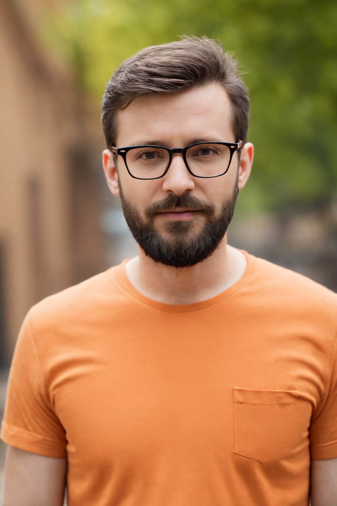 (best quality, 4k, 8k, highres, masterpiece:1.2), ultra-detailed, (realistic, photorealistic, photo-realistic:1.37),man, short hair,brown hair,shirt,black hair,upper body,outdoors,glasses,day,blurry background,beard,realistic,brown shirt,orange shirt
