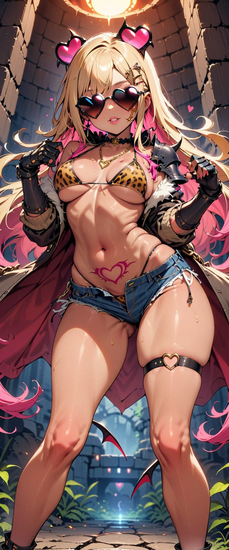 (masterpiece), fantasy, 1girl, gyaru, kogal, blonde hair, pink hair, yellow eyes, two-tone hair, colored inner hair, very long hair, tan, tanned skin, leopard print, red clothes, bikini armor, opened jacket, micro shorts, waist cape, open collar, scrunchie, elbow gloves, gauntlets, (shoulder armor), detached collar, :q, fur trim, fishnets, hairclip, necklace, chain, thigh strap, mole under mouth, cutout, smile, teeth, dungeon, nature, action pose, (womb tattoo), succubus, devil, confident, (heart-shaped sunglasses on head), , ,underboob