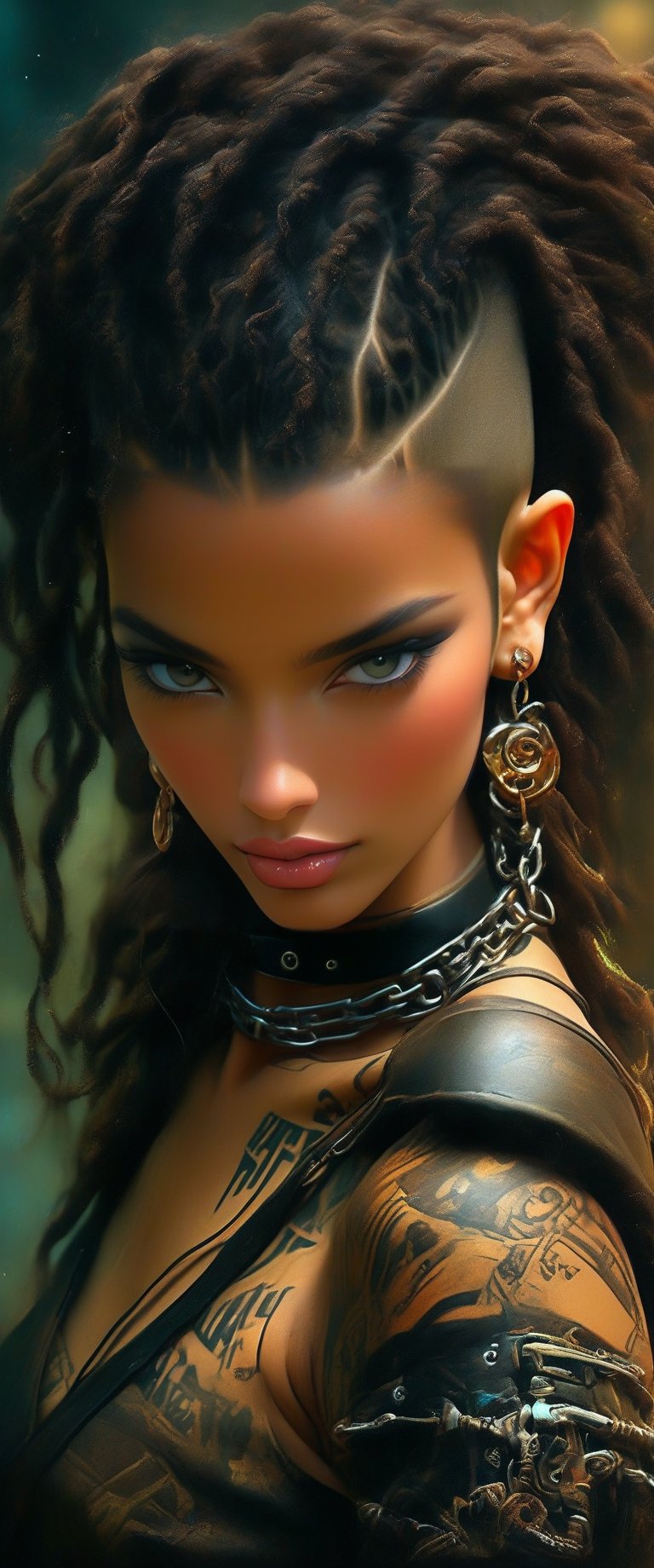 masterpiece, high_res, high quality,, epic fantasy illustration, dark colors palette, ink drawning, fiction, incredibly beautiful and attractive sexy  woman  (very detailed outfit:1.3). [cyberpunk punk, half shaved head, undercut, earrings prisoser, leather outfitt, chains]. Dark and gothic. (detailed hair, detailed eyes, detailed hair:1.3) ,#Anime, , 