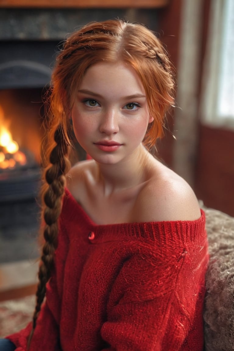 Young red-haired teenage girl, long hair with braids framing face, wearing red off-the-shoulder sweater, bare legs, sitting by fireplace, pretty face, small straight button nose, slight smile, lips full of cupid's bow, highly detailed, shiny hair, cinematic, light film, Hyper detailed, Hyper realistic, masterpiece, atmosphere, High resolution, High contrast, dark angle, 16k, HDR, 500 pixels,