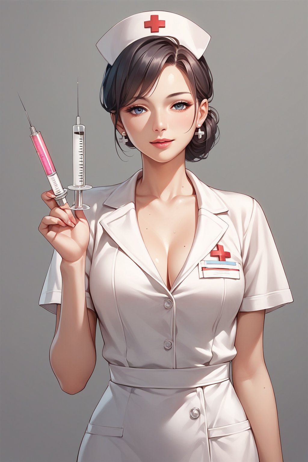 score_9, score_8_up, score_7_up, score_6_up, score_5_up, score_4_up, 
Source_Anime, 
1 girl, mature and beautiful girl, Japanese nurse, nurse suit, Slim figure, syringe, gray gradient background, no background,