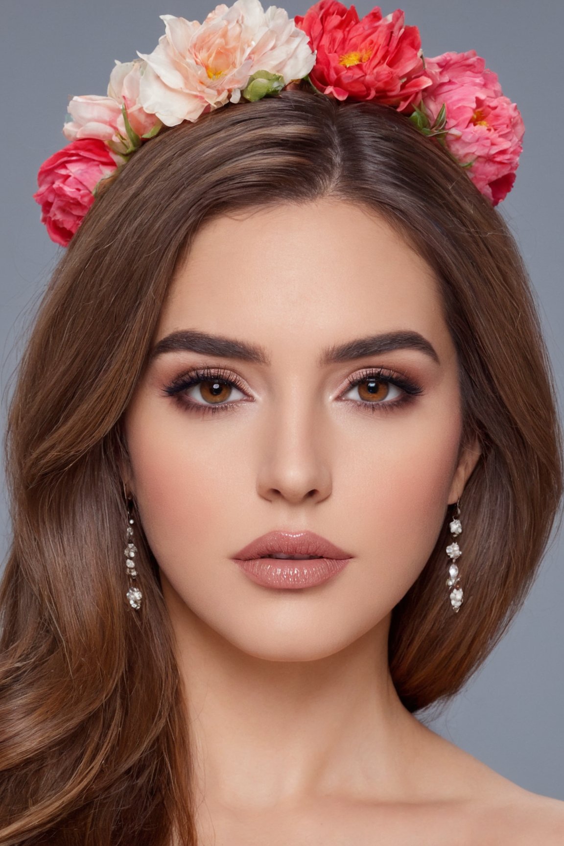 (best quality, 4k, 8k, highres, masterpiece:1.2), ultra-detailed, (realistic, photorealistic, photo-realistic:1.37),beautiful,woman,face makeup, long hair,looking at viewer,brown hair,hair ornament,brown eyes,flower,parted lips,hair flower,grey background,lips,makeup,portrait,realistic